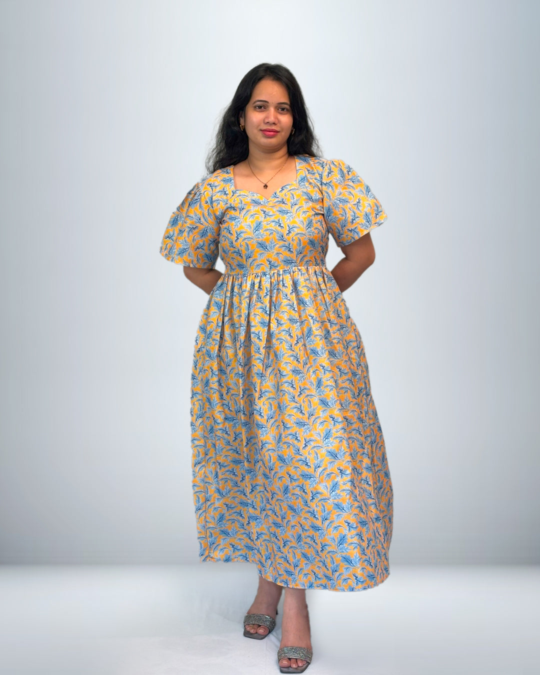 Sky Blue & Mustard Leaf Print Rayon Frock Style Nighty with Pocket