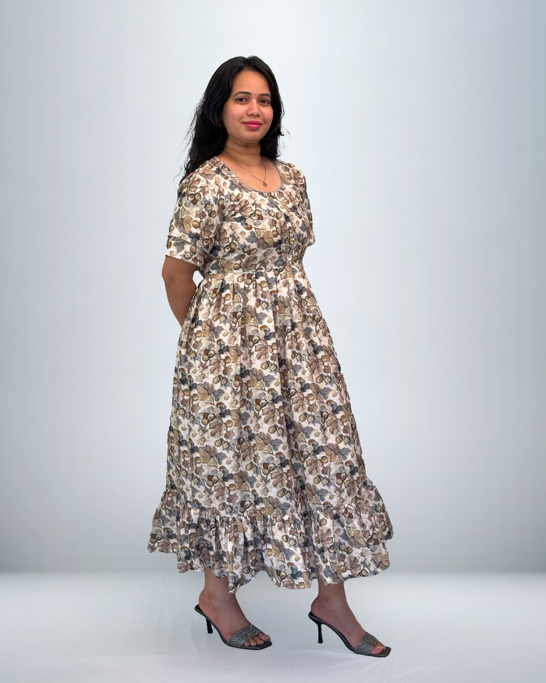 Earthy Leaf Print Rayon Frock Style Nighty with Ruffle Hem & Pocket