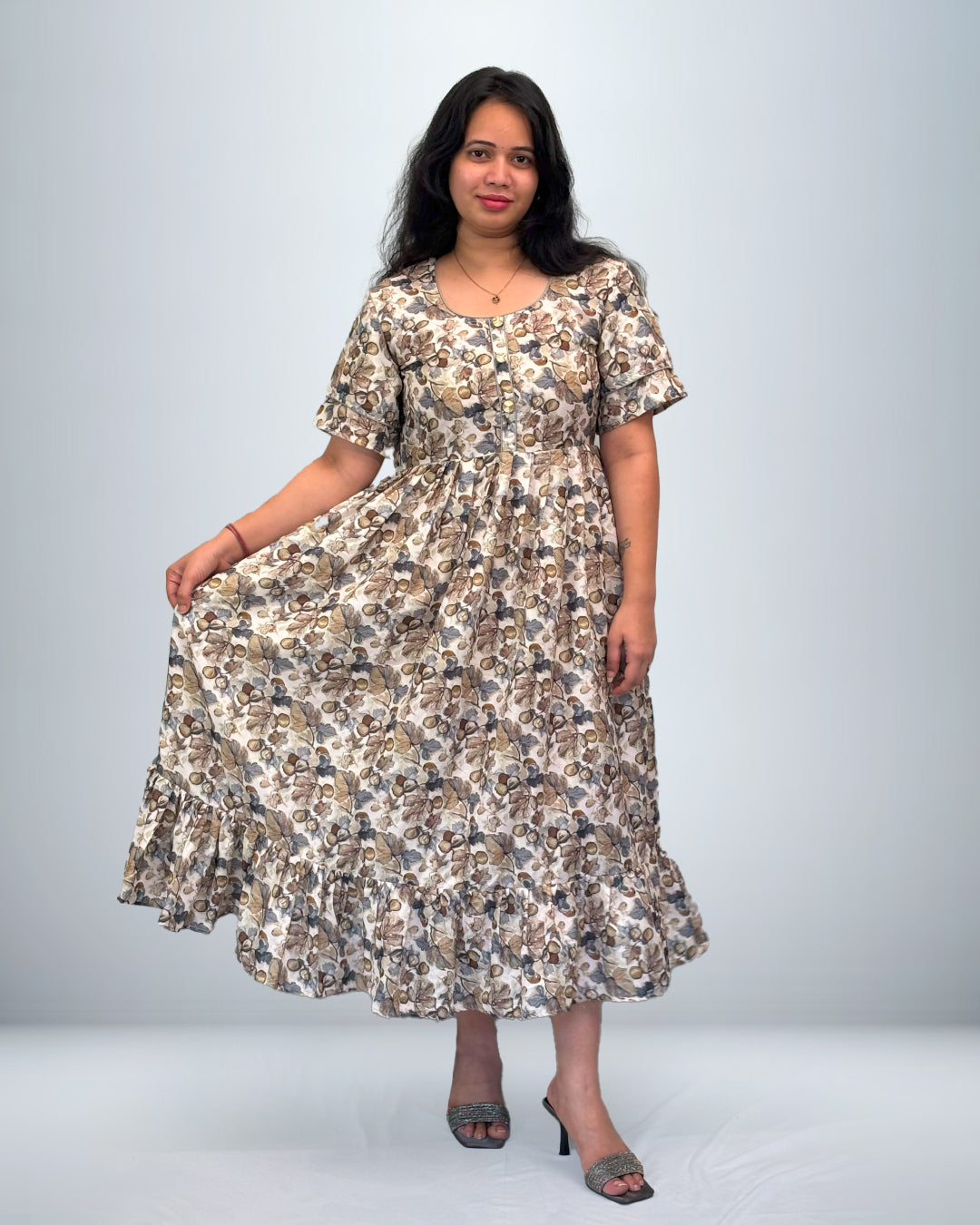 Earthy Leaf Print Rayon Frock Style Nighty with Ruffle Hem & Pocket