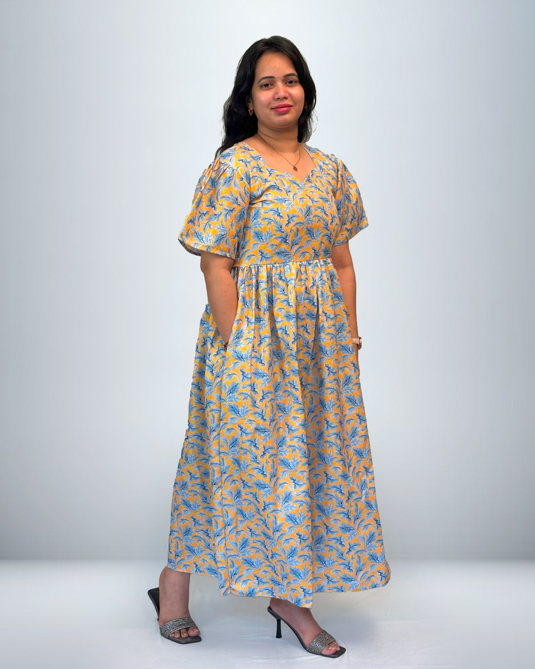 Sky Blue & Mustard Leaf Print Rayon Frock Style Nighty with Pocket