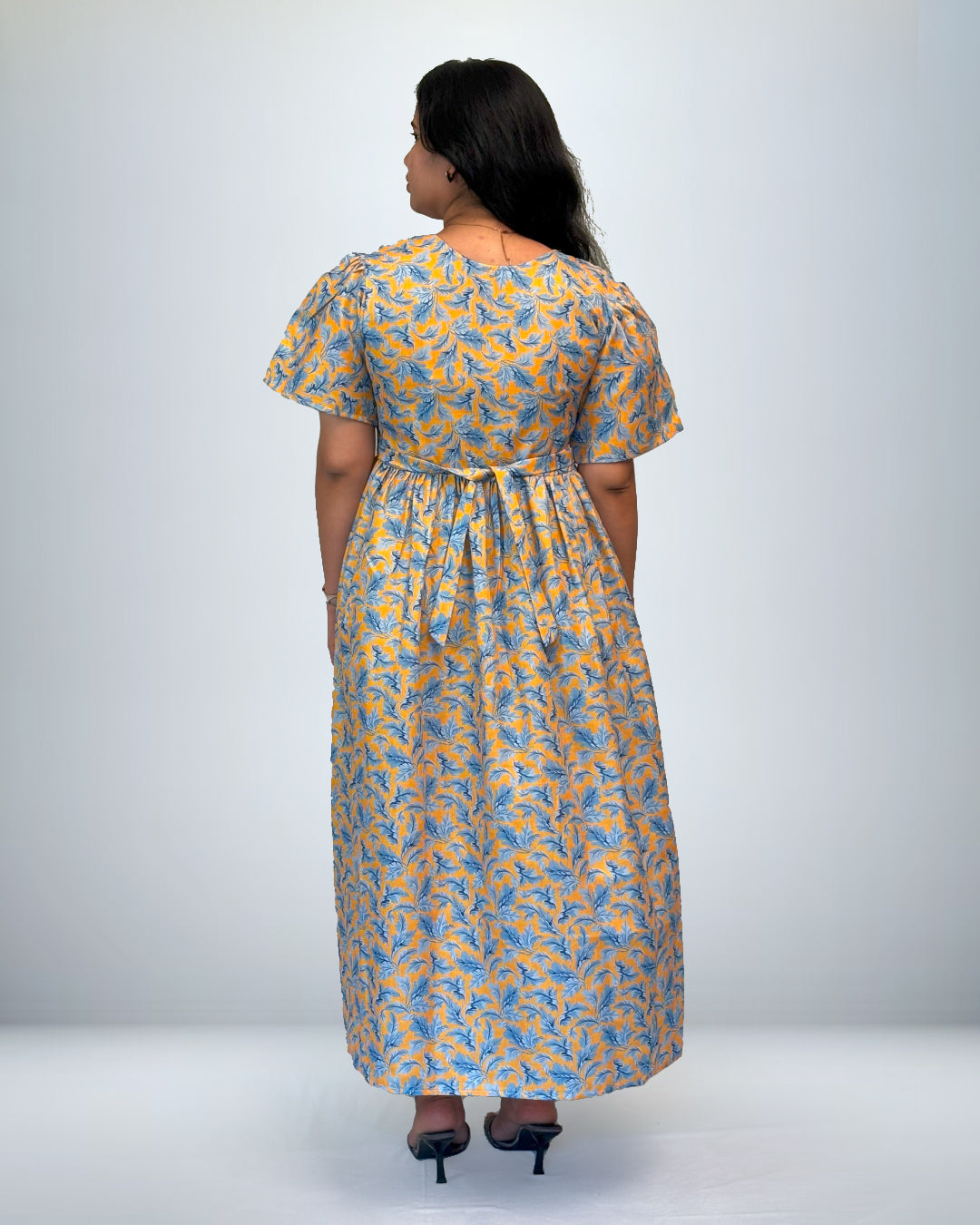Sky Blue & Mustard Leaf Print Rayon Frock Style Nighty with Pocket
