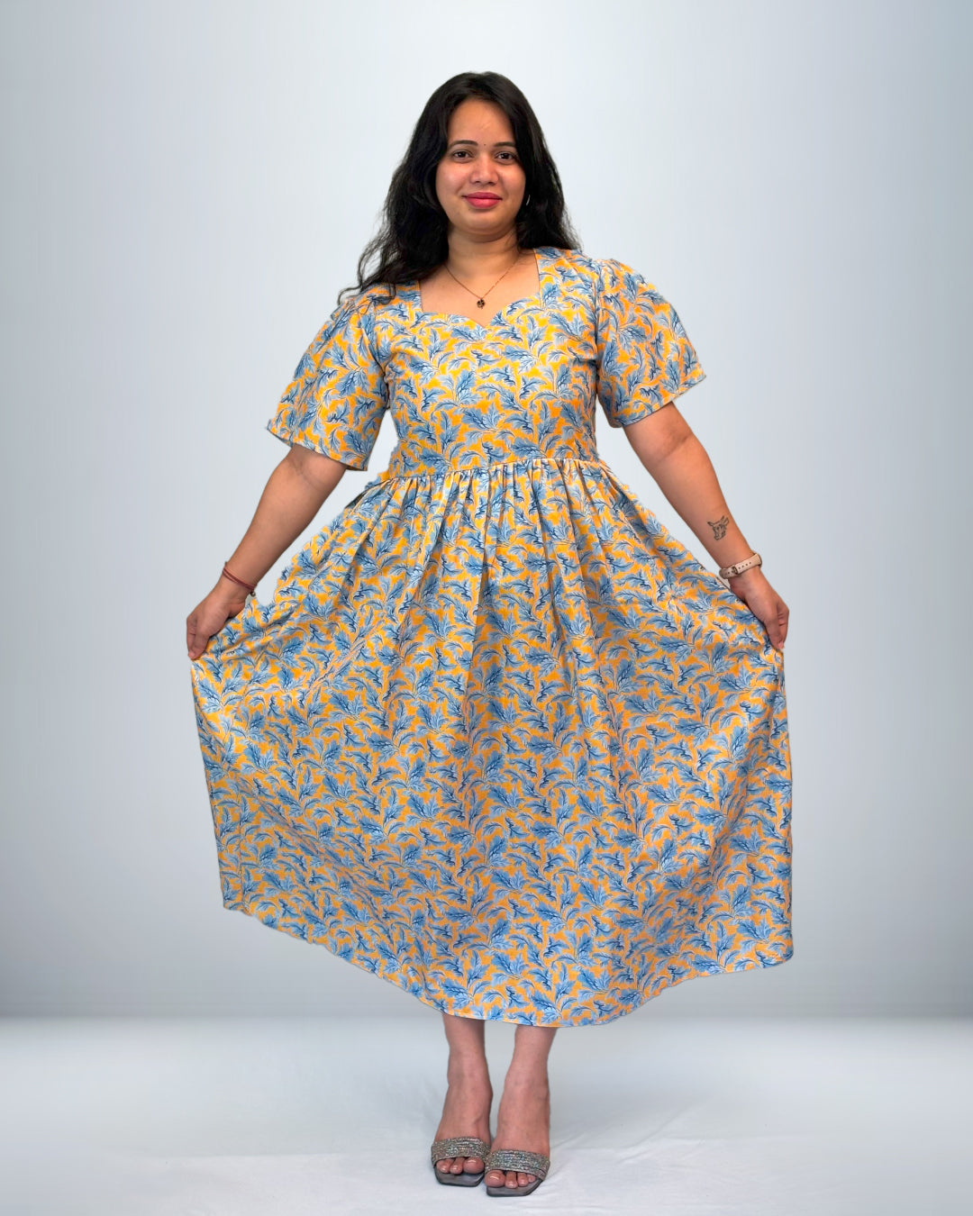 Sky Blue & Mustard Leaf Print Rayon Frock Style Nighty with Pocket