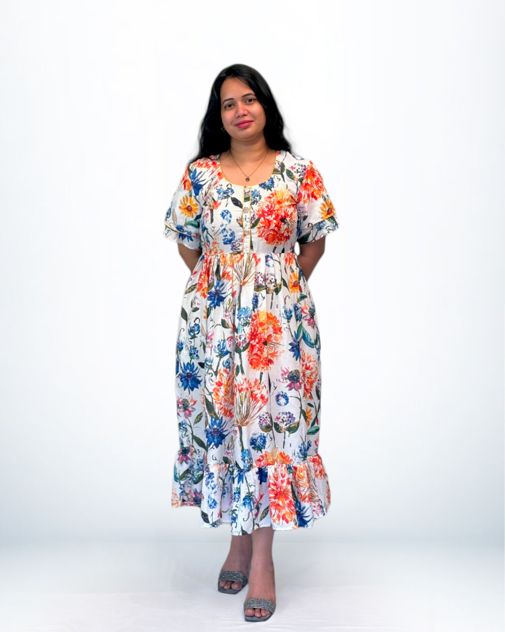 Multicolor Floral Rayon Frock Style Nighty with Ruffle Hem
