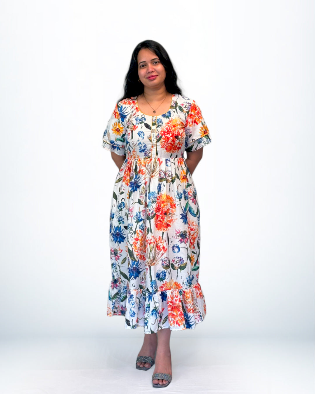 Multicolor Floral Rayon Frock Style Nighty with Ruffle Hem