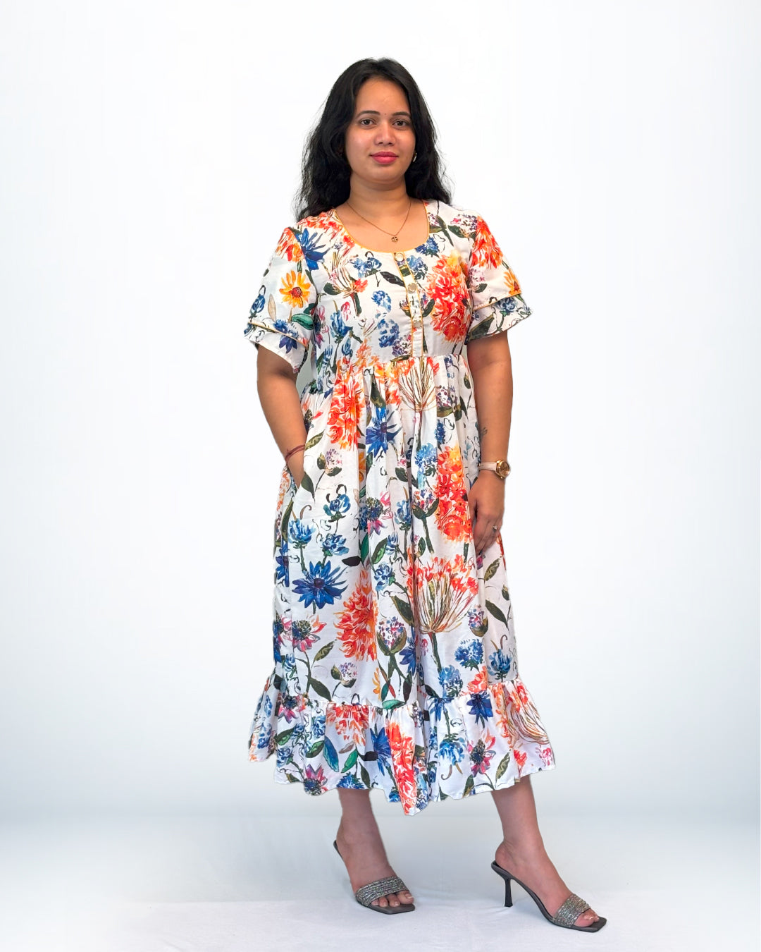 Multicolor Floral Rayon Frock Style Nighty with Ruffle Hem