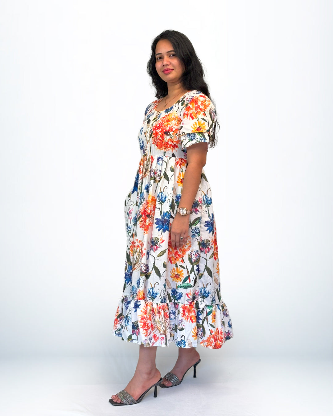 Multicolor Floral Rayon Frock Style Nighty with Ruffle Hem
