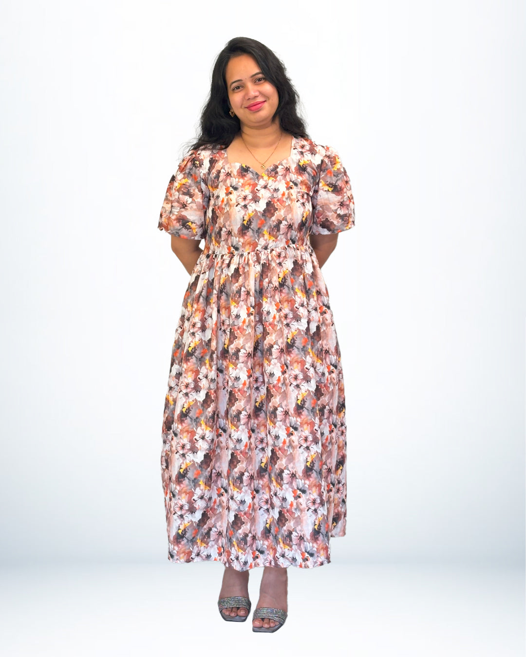 Floral Print Rayon Frock Style Nighty with Puff Sleeves