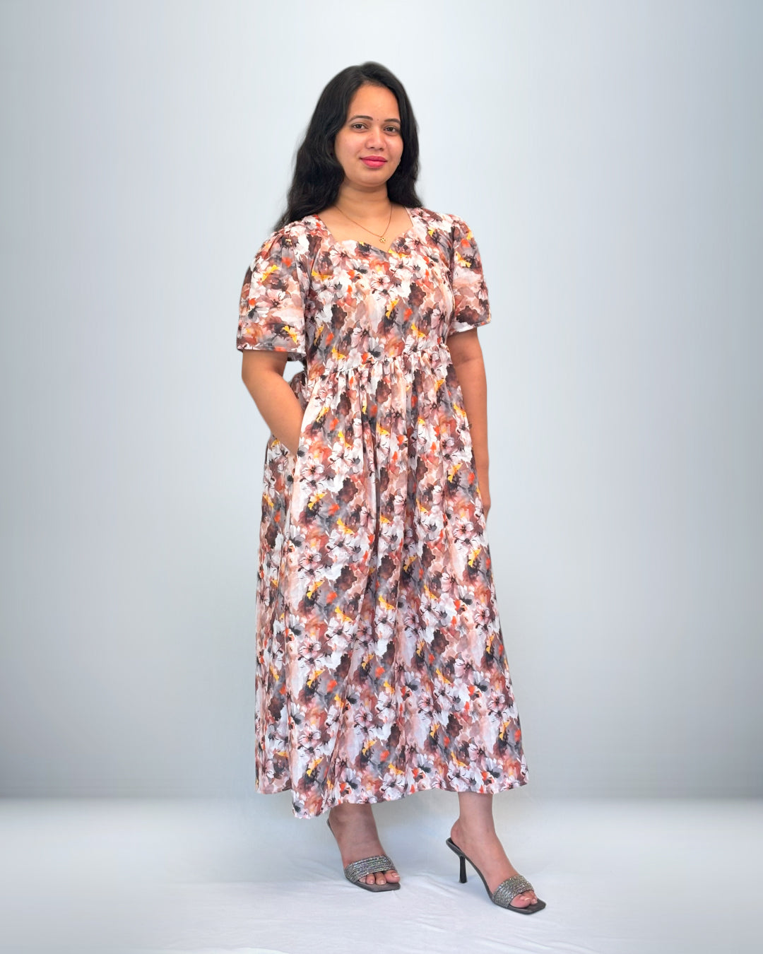 Floral Print Rayon Frock Style Nighty with Puff Sleeves