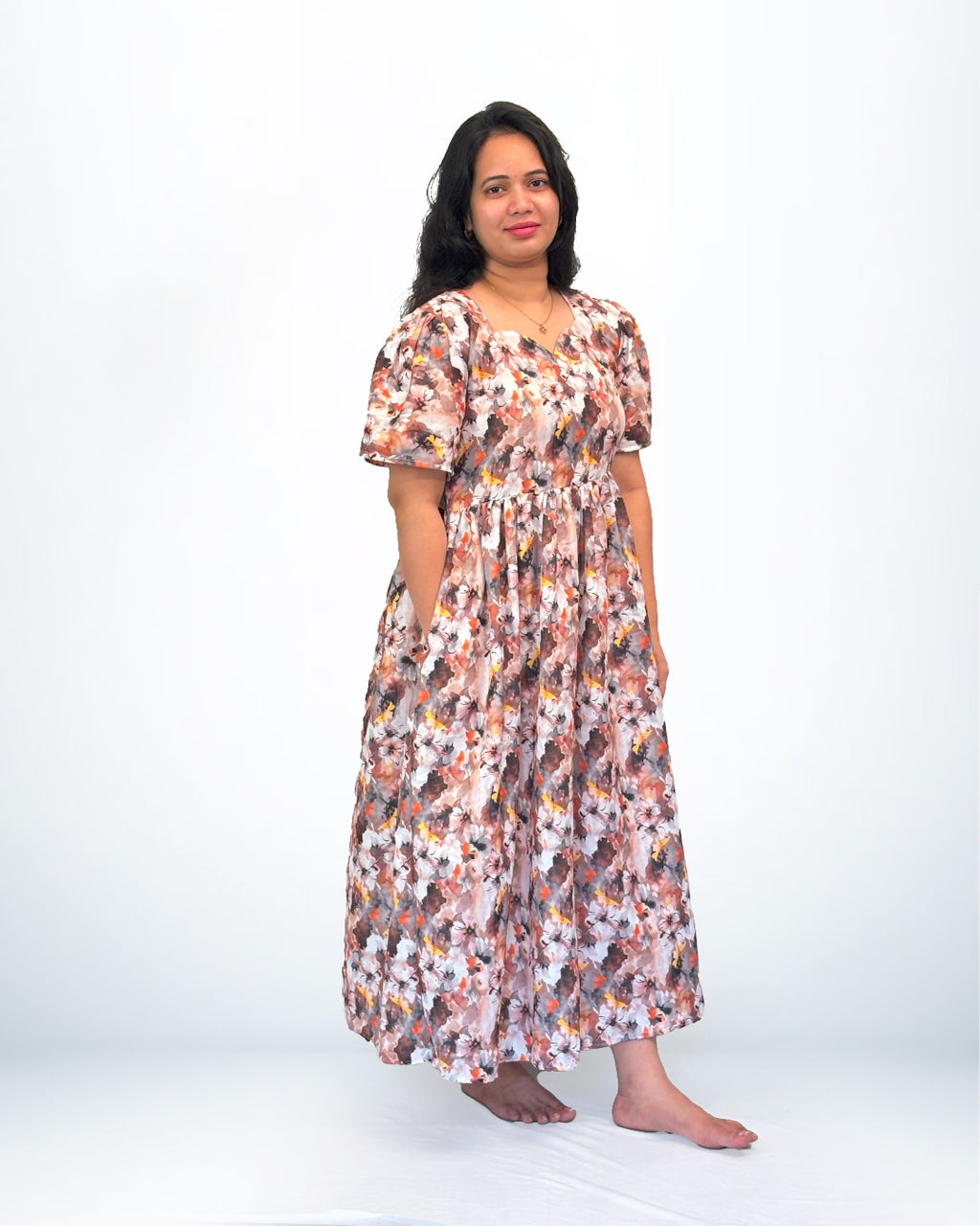 Floral Print Rayon Frock Style Nighty with Puff Sleeves