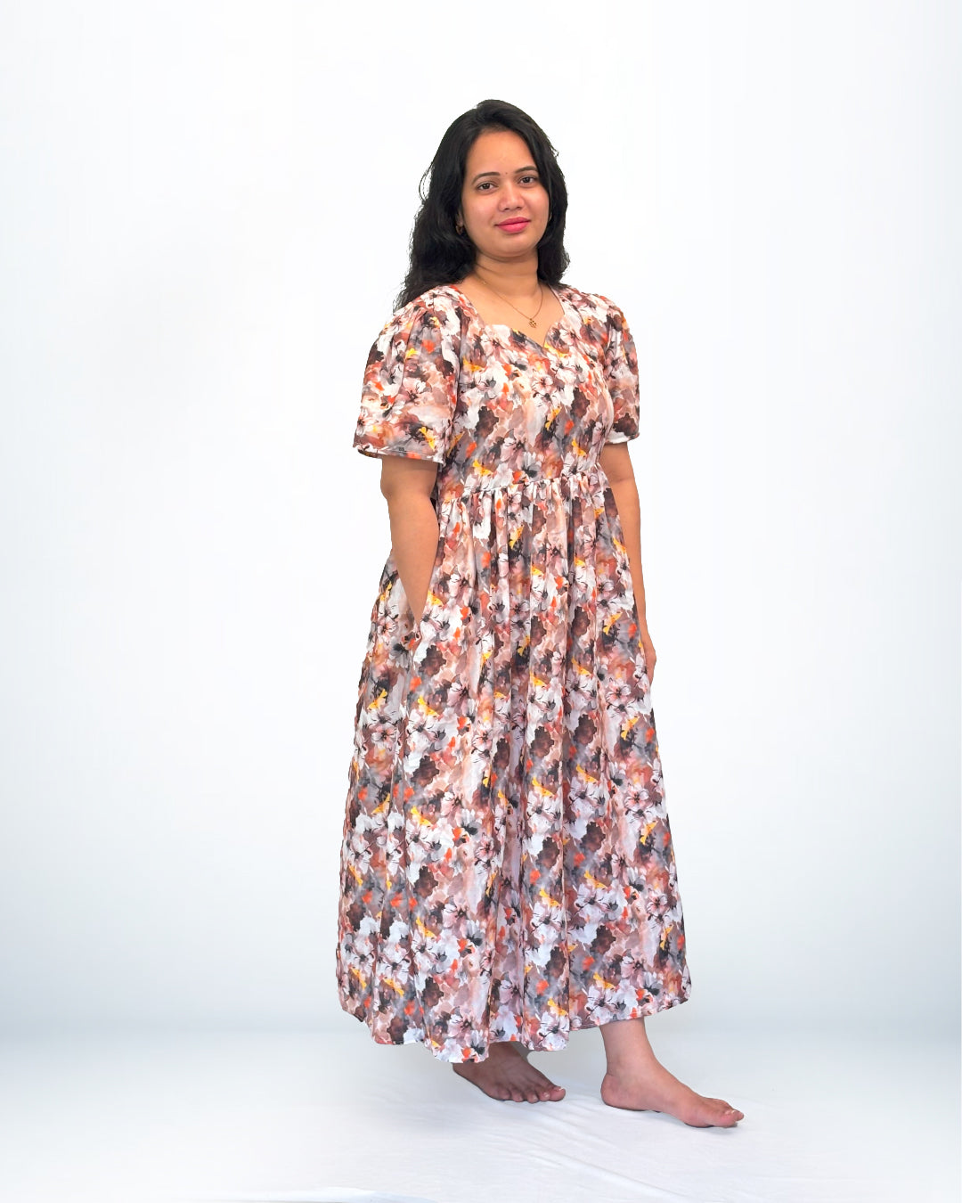 Floral Print Rayon Frock Style Nighty with Puff Sleeves
