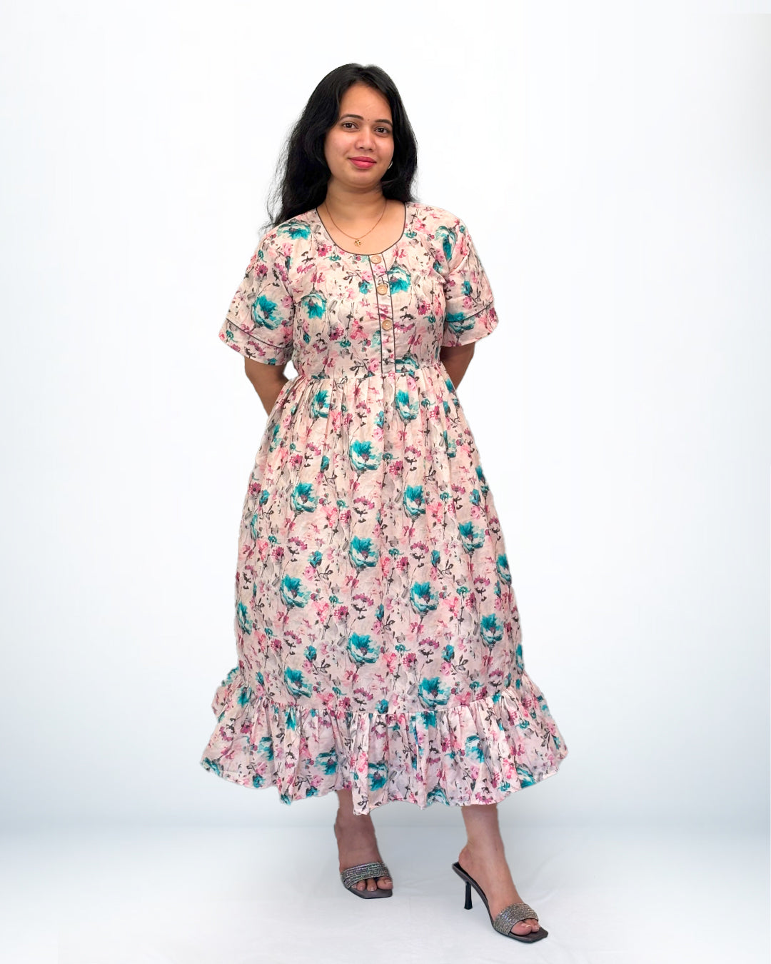 Blush Pink Floral Rayon Frock Style Nighty with Pocket & Ruffle Hem