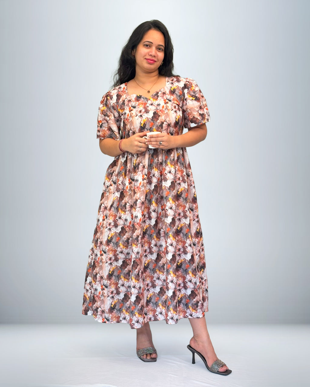 Floral Print Rayon Frock Style Nighty with Puff Sleeves