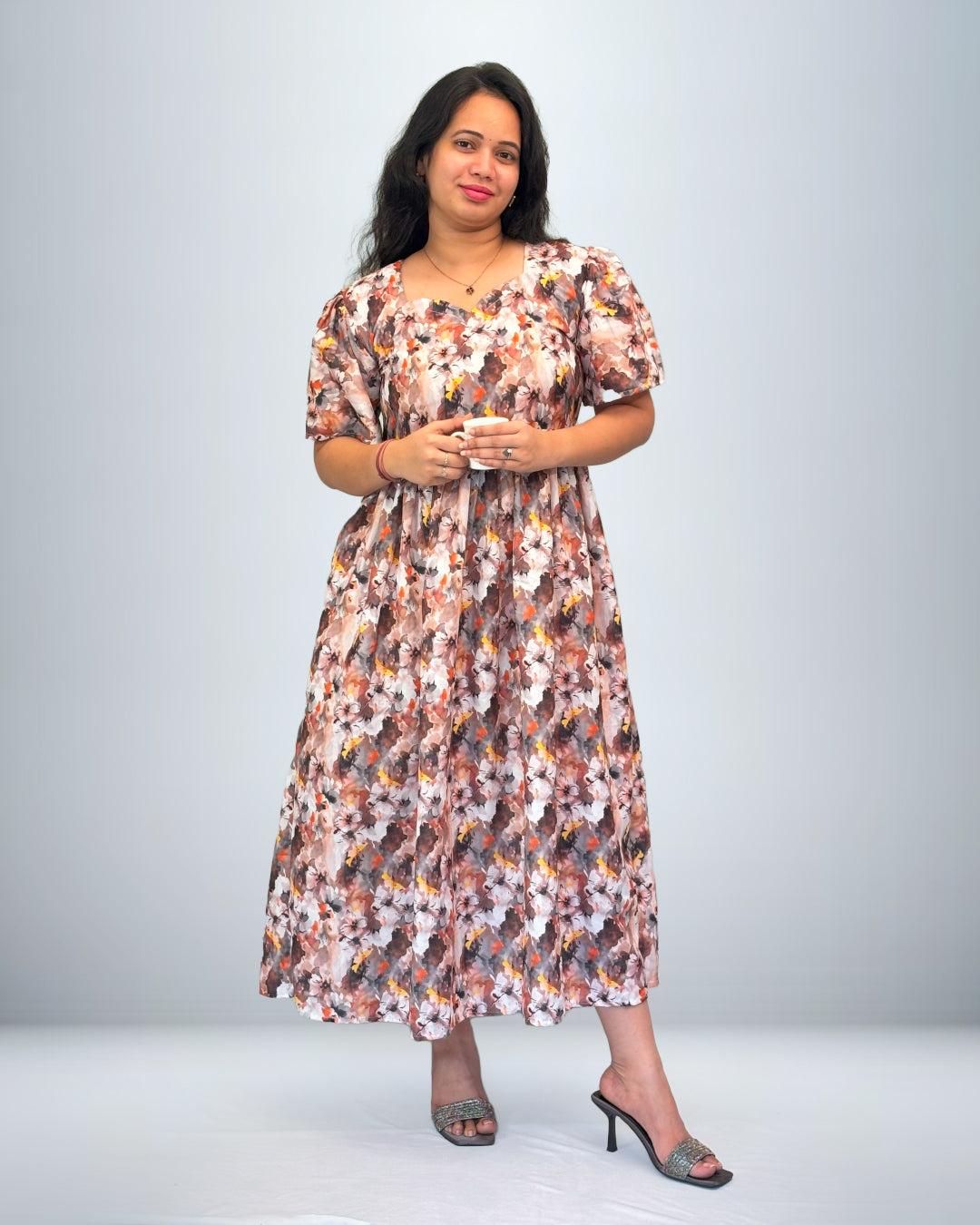 Floral Print Rayon Frock Style Nighty with Puff Sleeves