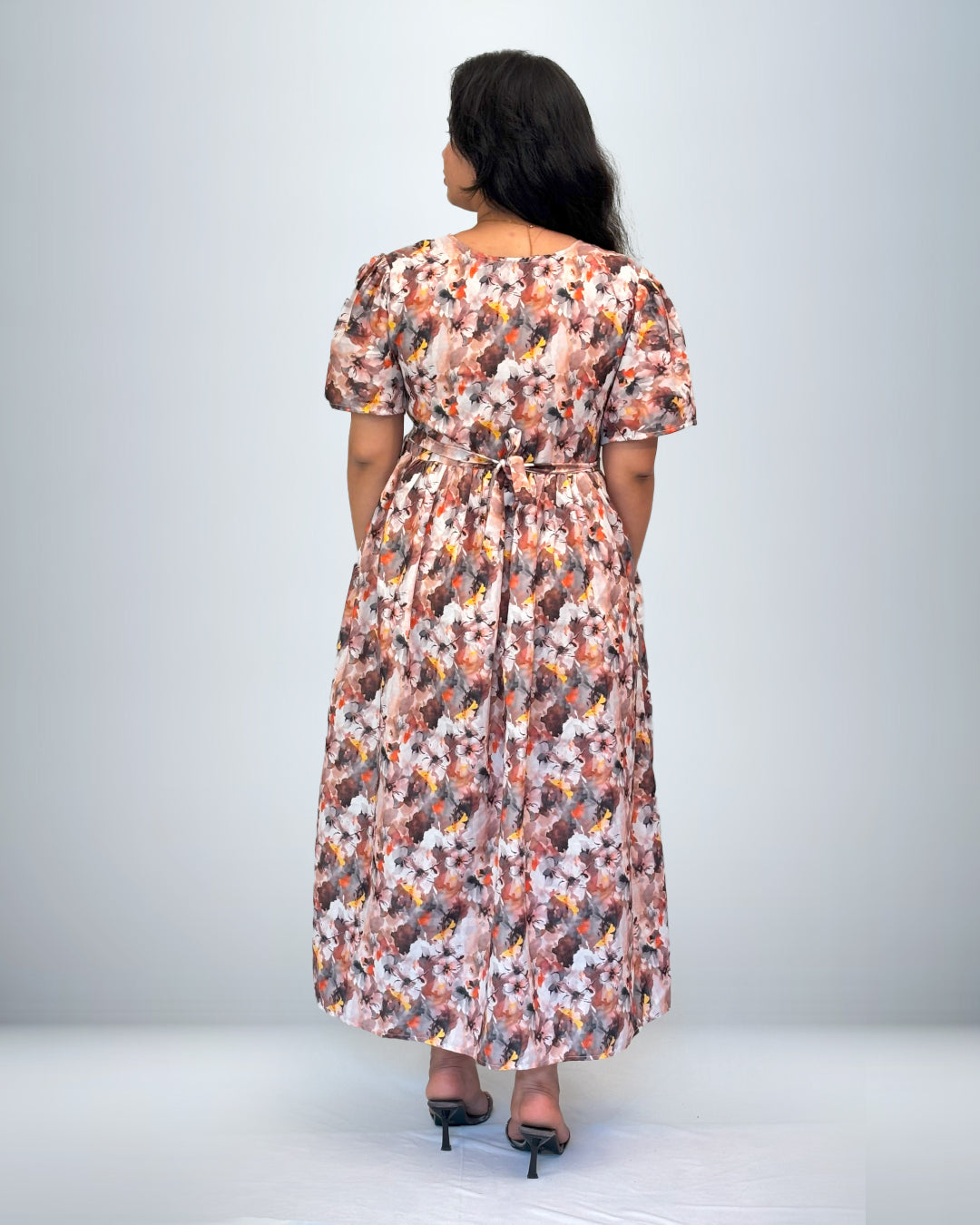 Floral Print Rayon Frock Style Nighty with Puff Sleeves