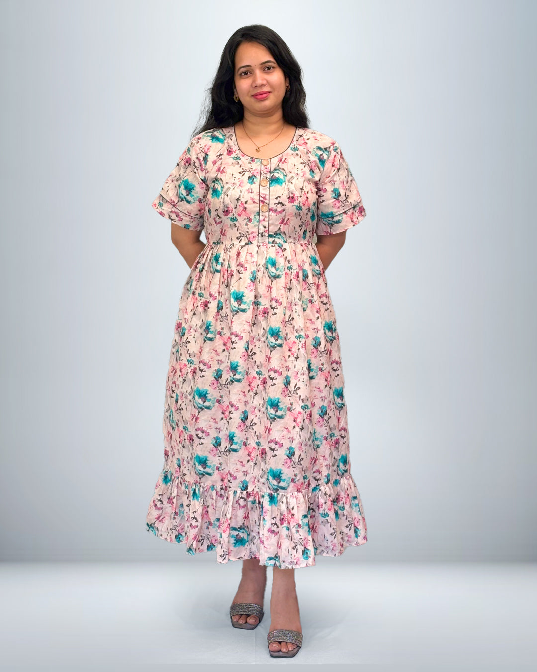 Blush Pink Floral Rayon Frock Style Nighty with Pocket & Ruffle Hem