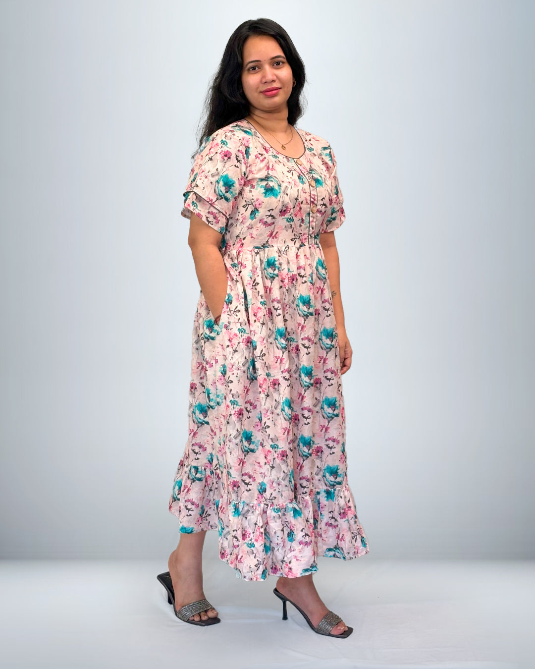 Blush Pink Floral Rayon Frock Style Nighty with Pocket & Ruffle Hem
