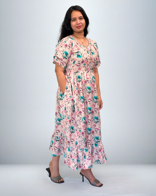 Blush Pink Floral Rayon Frock Style Nighty with Pocket & Ruffle Hem