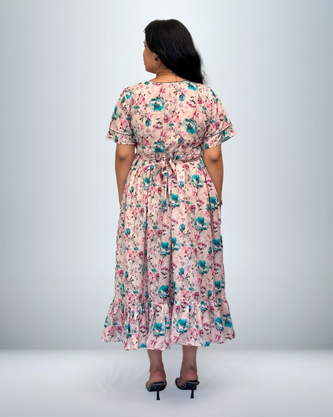 Blush Pink Floral Rayon Frock Style Nighty with Pocket & Ruffle Hem