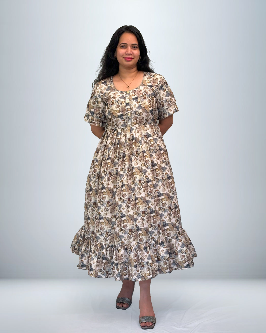 Earthy Leaf Print Rayon Frock Style Nighty with Ruffle Hem & Pocket