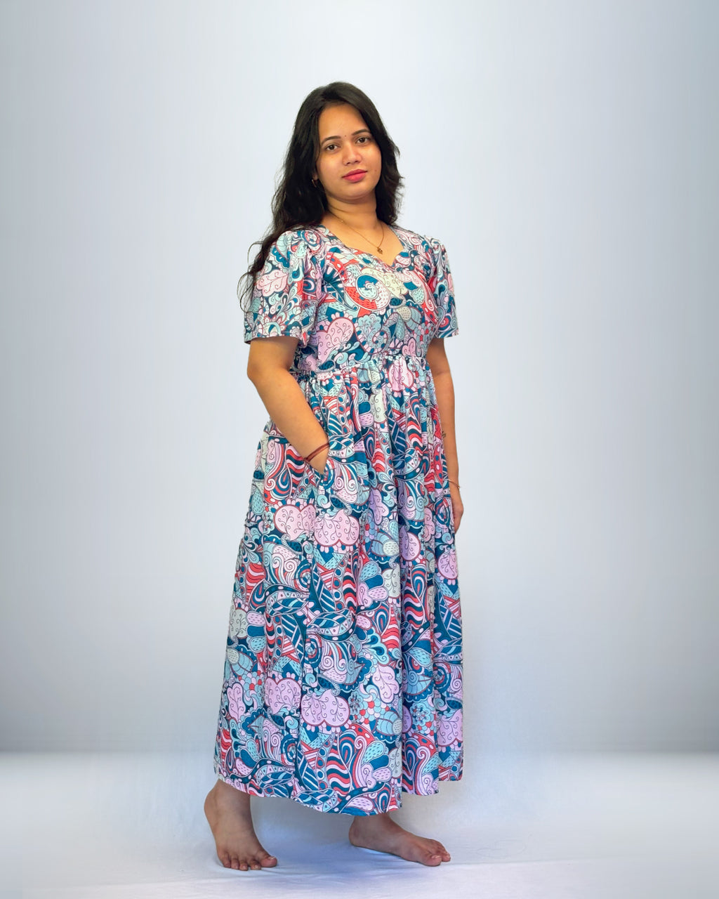 Premium Frock Style Rayo Nighty – Elegant Multicolor Paisley Print