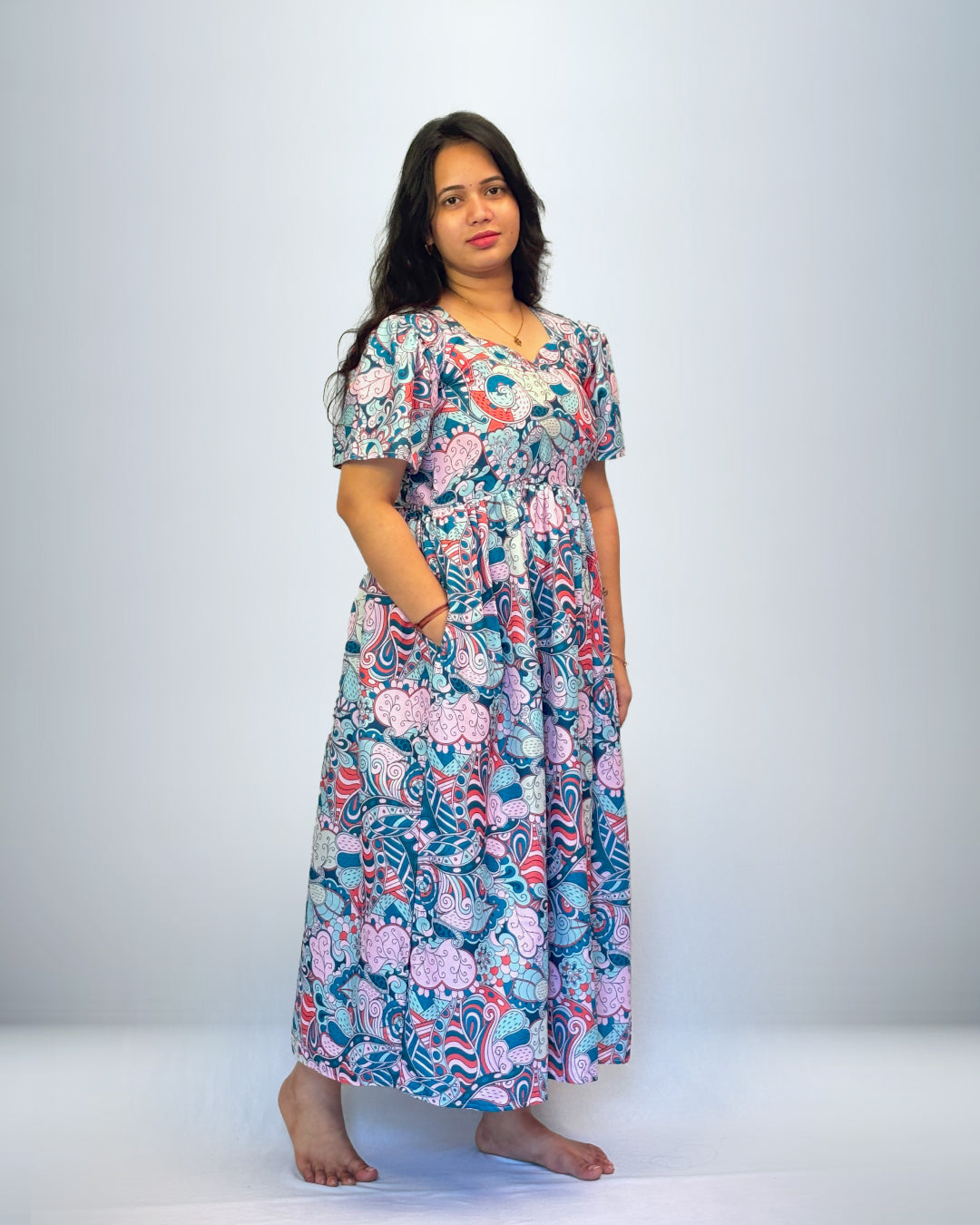 Premium Frock Style Rayo Nighty – Elegant Multicolor Paisley Print