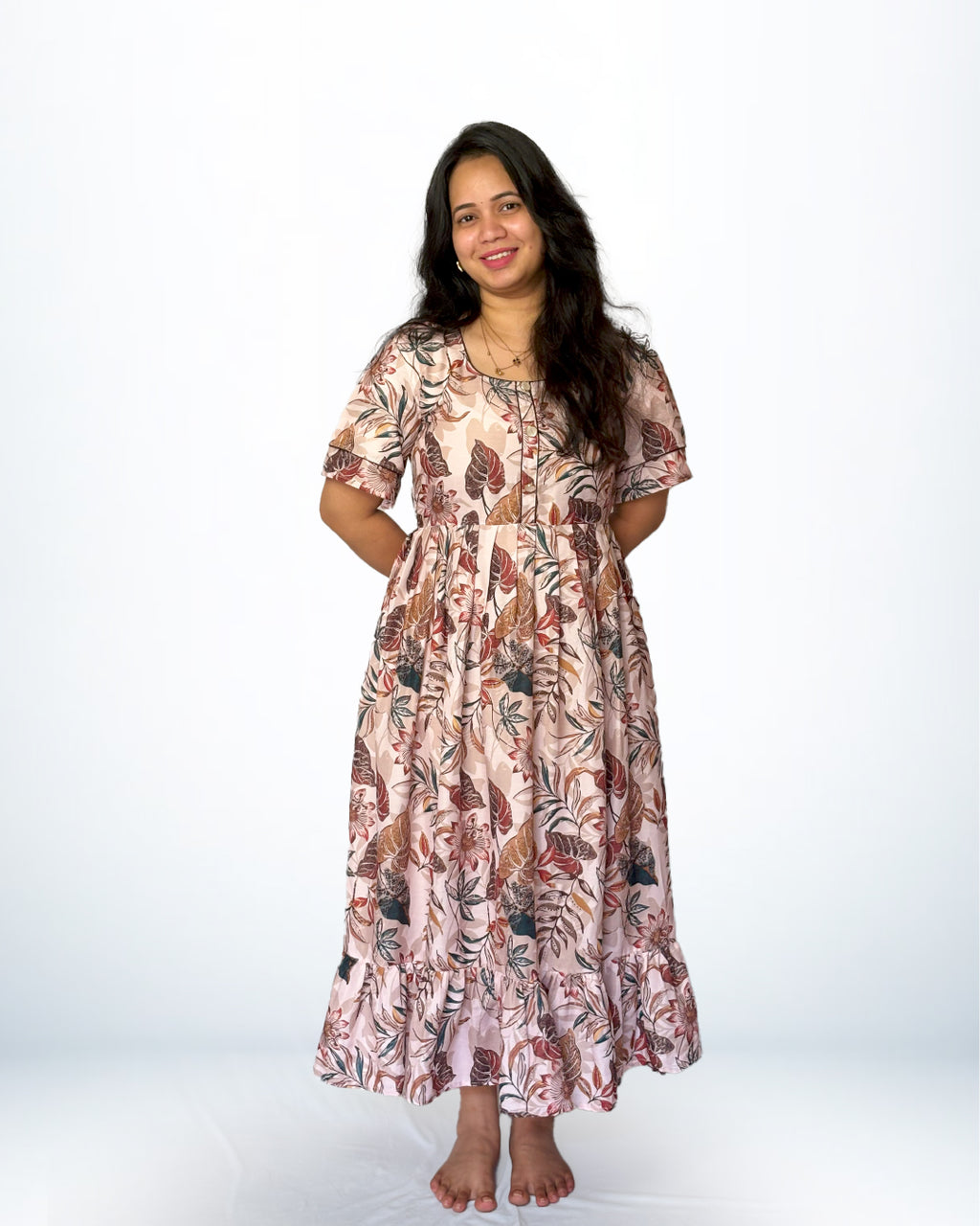 Rayon Frock Style Nighty – Soft Peach with Leaf & Floral Print