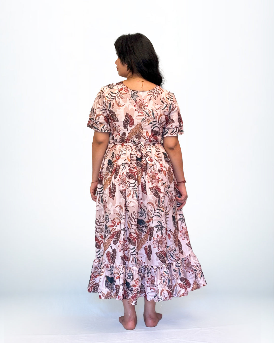 Rayon Frock Style Nighty – Soft Peach with Leaf & Floral Print