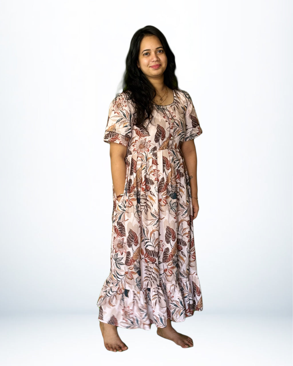 Rayon Frock Style Nighty – Soft Peach with Leaf & Floral Print