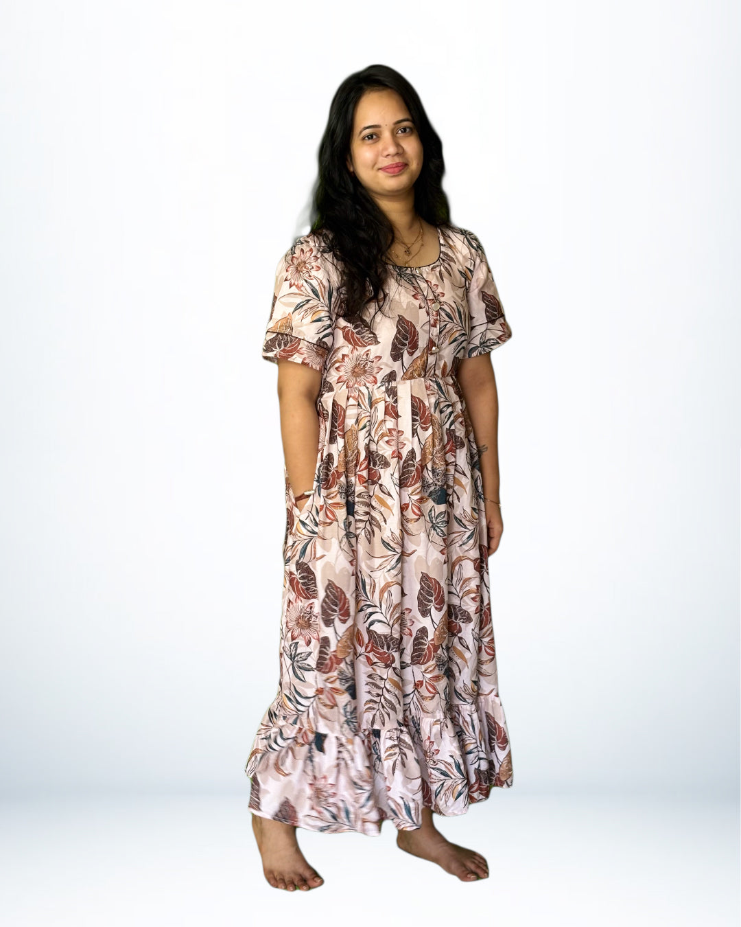 Rayon Frock Style Nighty – Soft Peach with Leaf & Floral Print