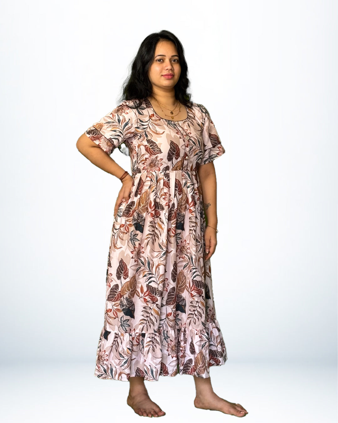 Rayon Frock Style Nighty – Soft Peach with Leaf & Floral Print