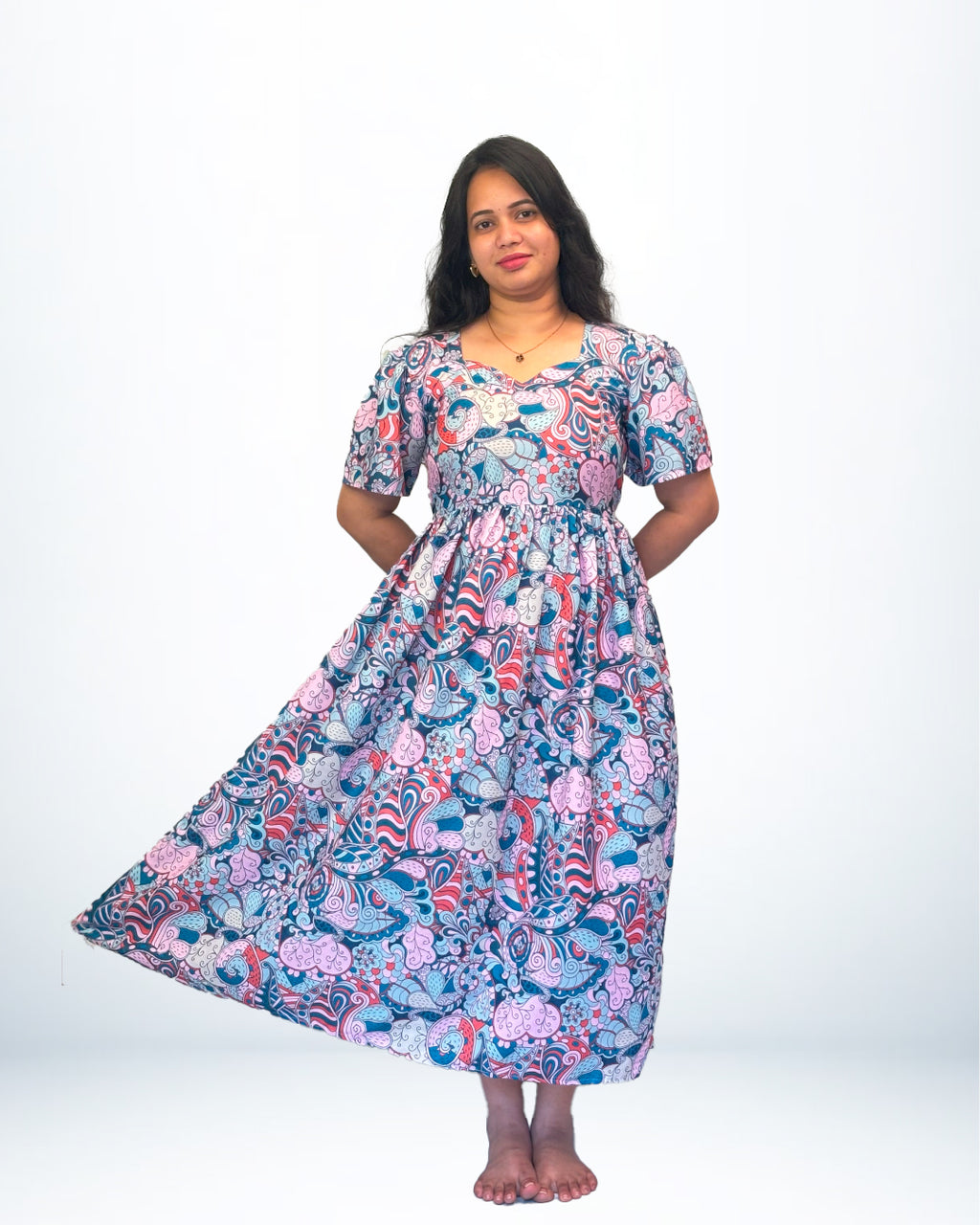 Premium Frock Style Rayo Nighty – Elegant Multicolor Paisley Print